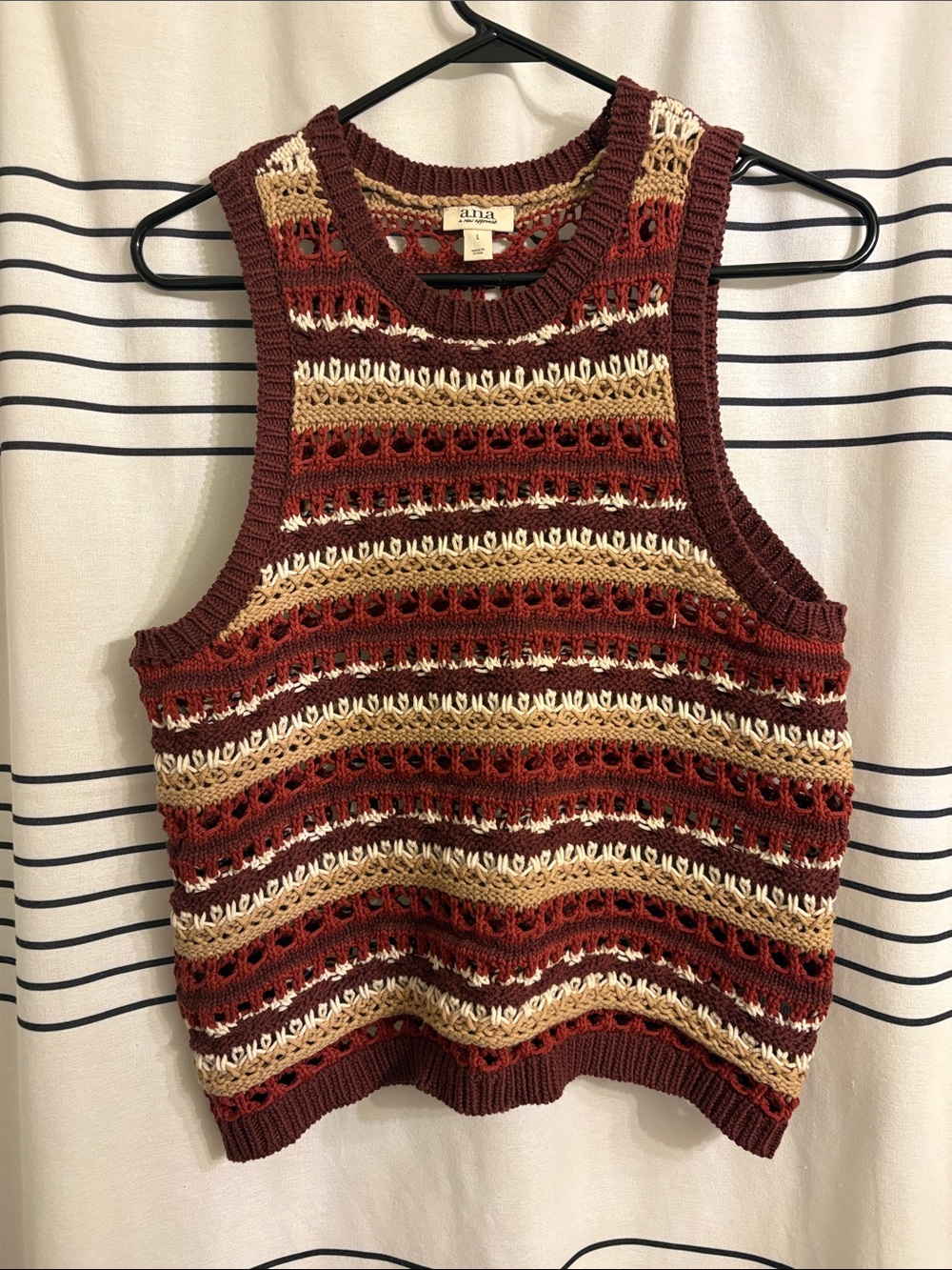 Anna Striped Open-Knit Tank Top - Rust, Beige, Cream